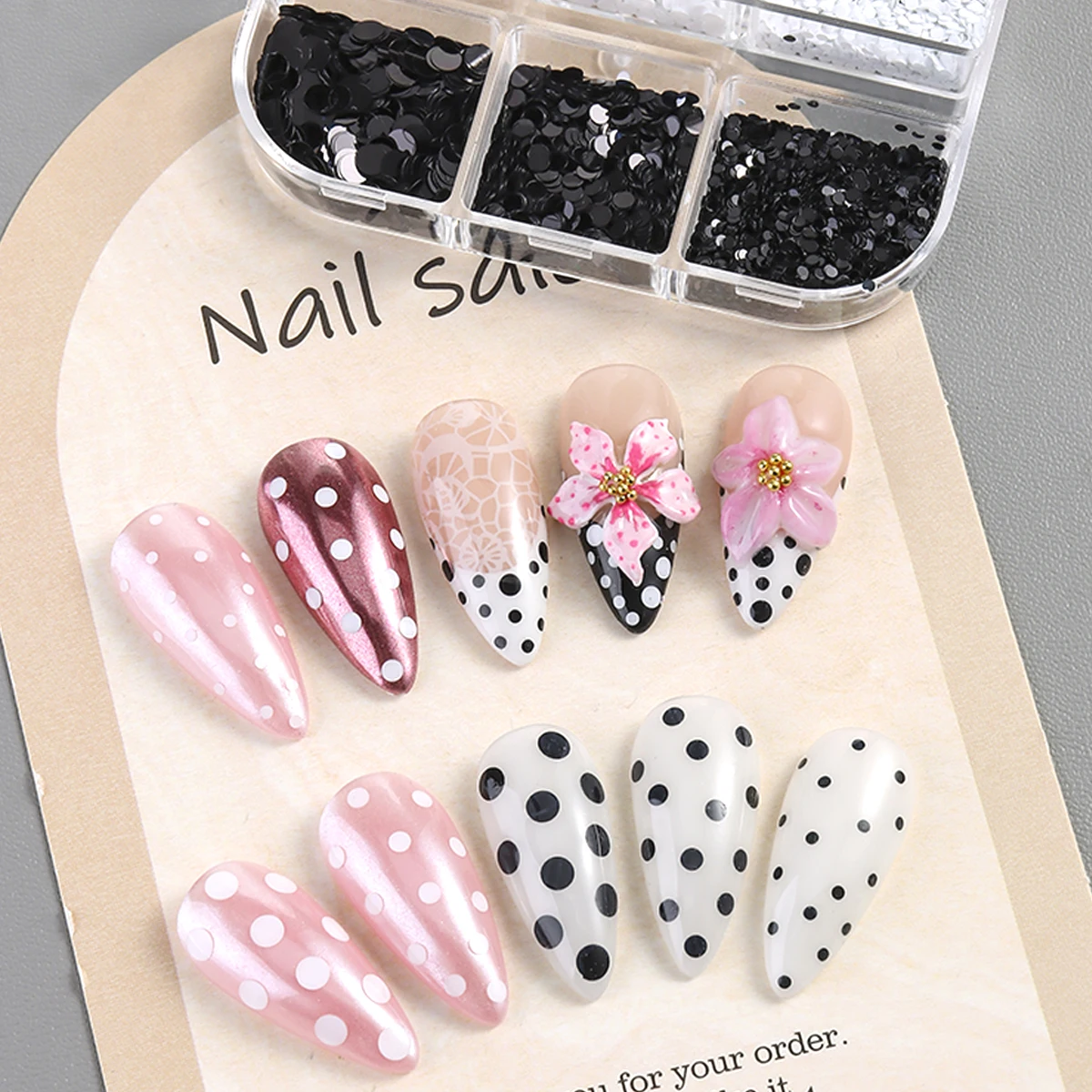 Schwarz-weiße Polka-Dot-Glitzer-Nagelkunst-Accessoires, Retro-Blumen-Patchwork-Glitzer-Nagelkunst, vielseitiger runder Punkt-Glitzer zum Selbermachen – Detail 5