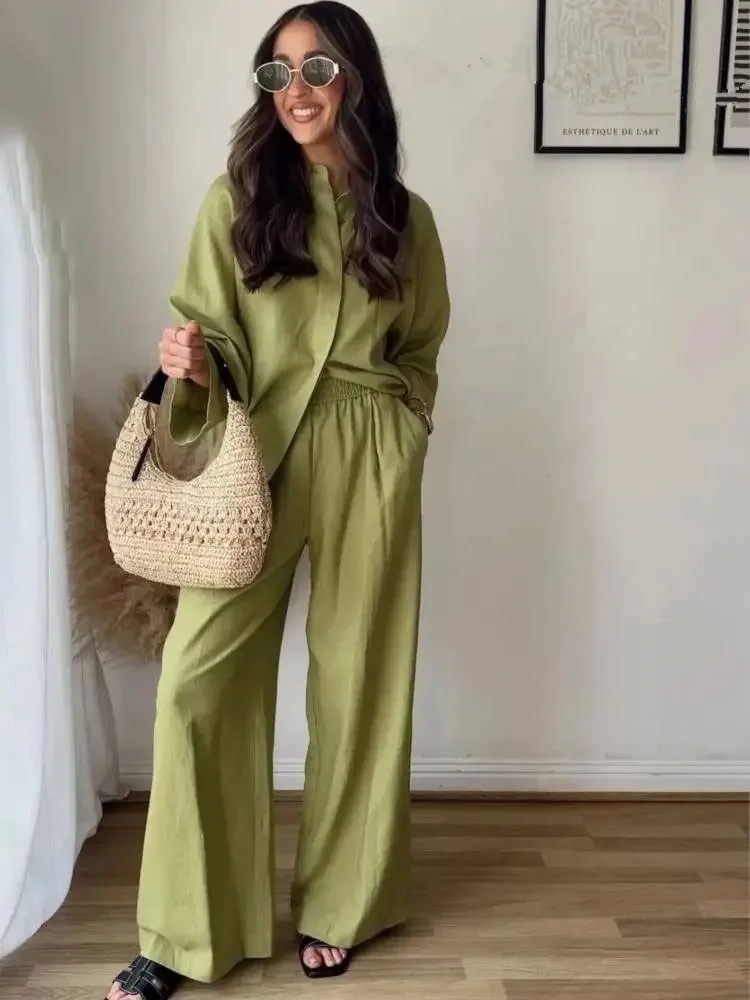 Casual Pants Suit For Women Solid Loose Lapel Shirts Top High Waist Wide Leg Pant 2 Pieces Set 2024 New Loose Commute Outfits