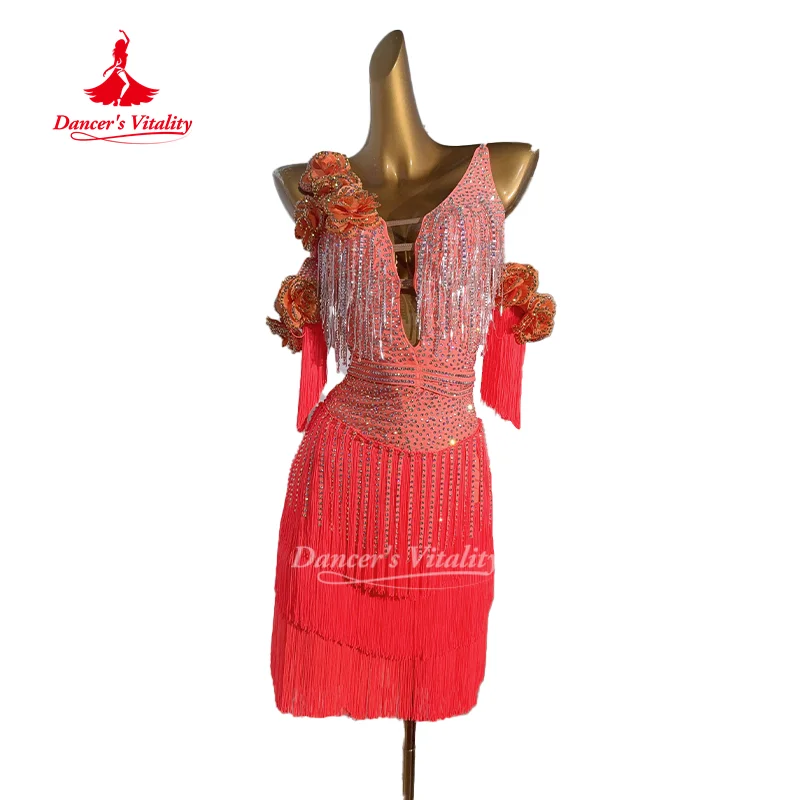 Vestidos de baile latino para adultos y niños, vestido personalizado con flecos y espalda descubierta con piedras AB para personas mayores, disfraz de actuación de Tango Samba Chacha