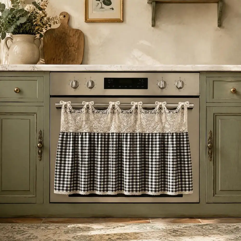 Easy Install Strap Oven Shade Kitchen Oven Handle Cover Farmhouse Stove Skirt with Plaid Crochet Lace Cotton Blend Oven Curtain
