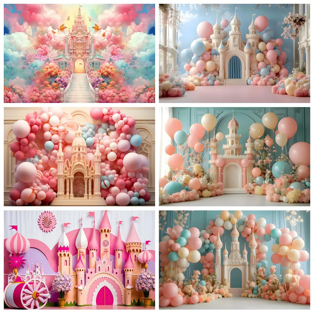 

Princess Castle Photography Backdrop Wonderland Park Pink Purple Balloons Arch Baby Birthday Party Background Decor Photo Studio