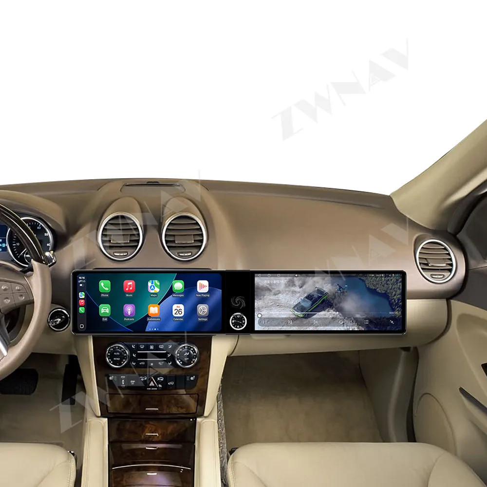 

Двухэкранный 12.3-дюймовый мультимедийный проигрыватель для Mercedes-Benz ML 1998-2005 с Android 13, навигацией, CarPlay, беспроводным радио и головным устройством.