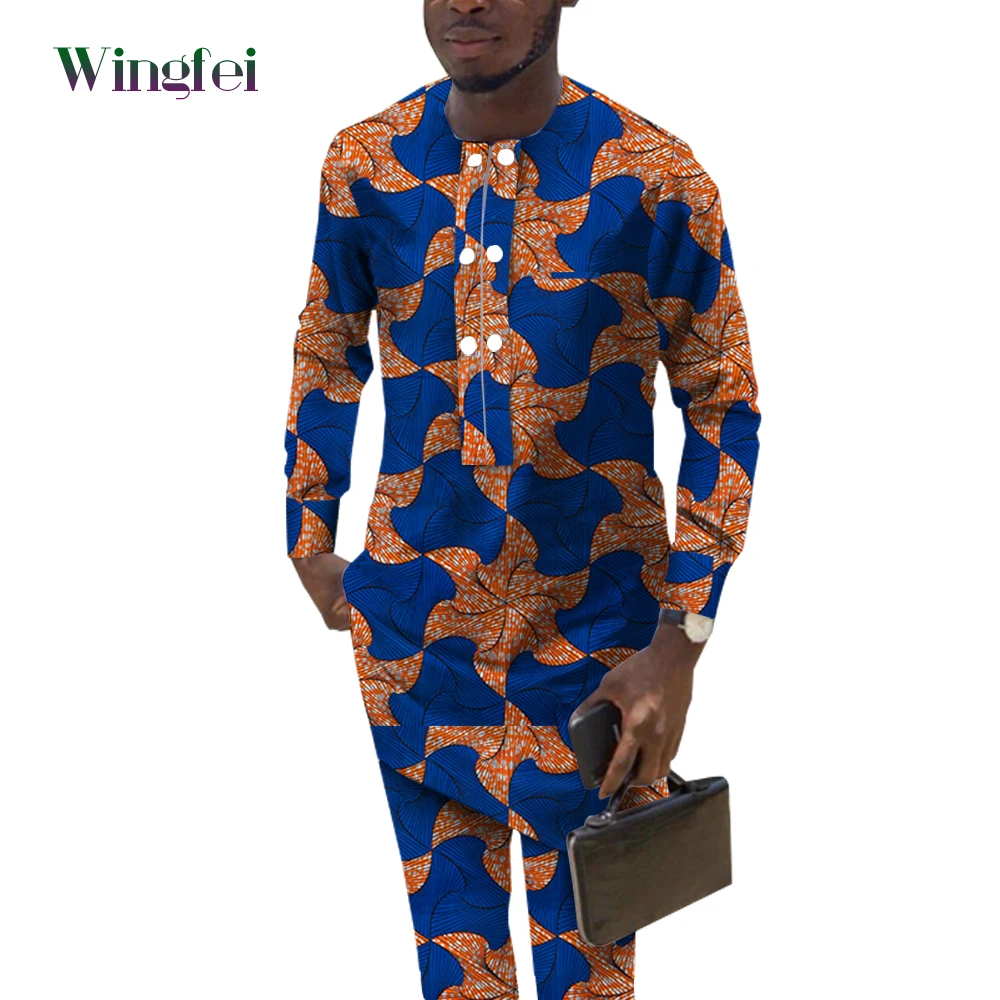 

2 Pcs Set Men's Suits African Clothes for Men Print Long Sleeve O-neck Shirt and Trousers Dashiki Suit Men Casual Attire Wyn1604