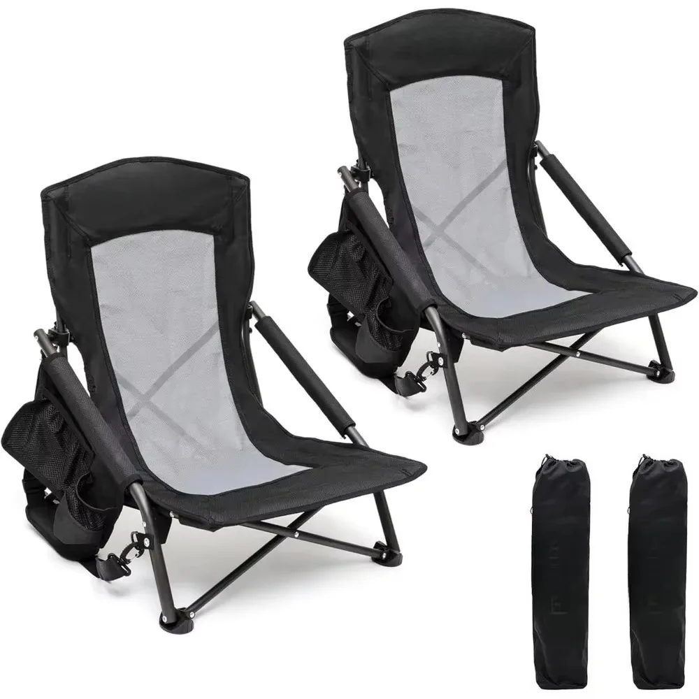 

Folding Low Camping Beach Chair 2 Pack, Lightweight Portable Lawn Chair with Mesh Back, Cup Holder for Outdoor/Travel/Picnic