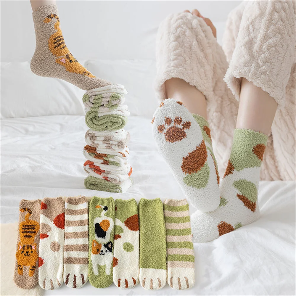 

Coral Fleece Socks Women Autumn Winter Thickened Warm Postpartum Middle Tube Socks Kawaii Cat Claws Home Floor Sleeping Socks