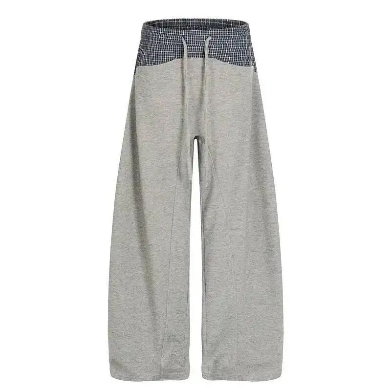 American Style Men's Plaid Patchwork Drapey Sweatpants Trendy Design Loose Versatile Casual Long Pants Loose Trousers X4MF8
