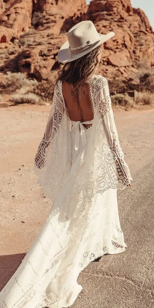 Crochet Lace Cotton Beach Wedding Dresses Long Sleeve Hippie Bohemian Moonrise Canyon Western Country Bridal Gowns