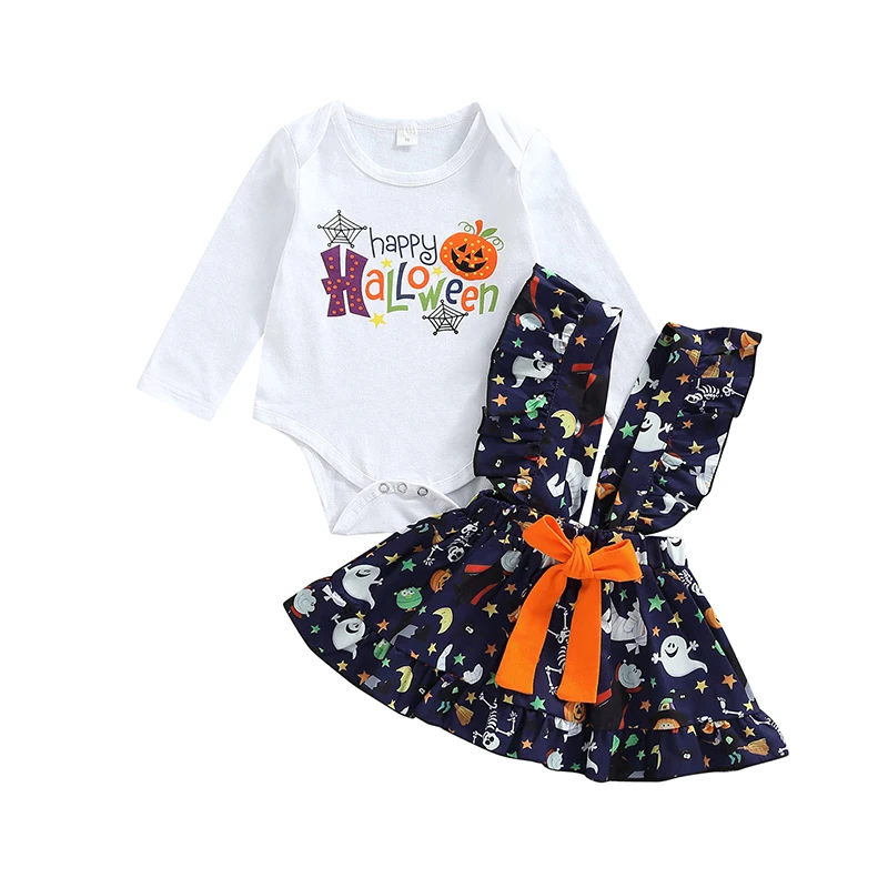 2 Pcs Infant Baby's Clothes Halloween Overalls Set Pumpkin Spider Web Letter Print Long Sleeve Bodysuit Suspender Skirt with Bow