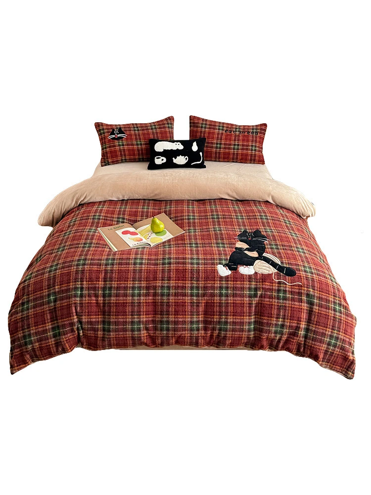Winter Cartoon Cute Cat Plaid Bedding Set – Thickened Faux Cashmere Flannel Duvet Cover, Super Soft Warm Milk Fleece Sheet Set 6