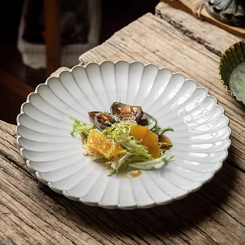 Plato de cerámica con borde de concha a rayas en relieve de 8 pulgadas/10,5 pulgadas, plato de ensalada, plato de desayuno, plato de comida ligero para ensalada, adecuado para restaurante, plato de comida occidental, plato de servicio, vajilla de cocina p