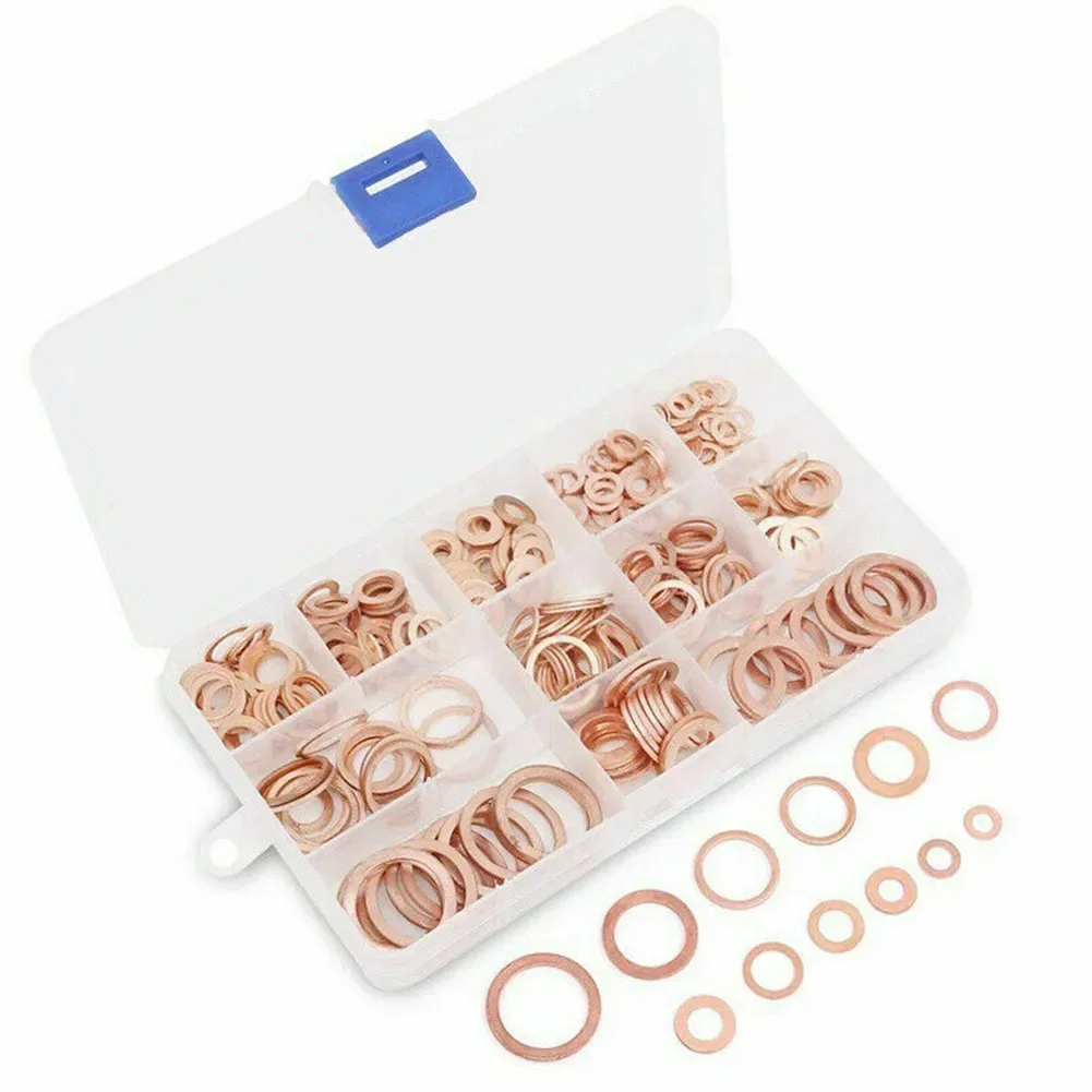 150PCS M5-M22 Copper Crush Washer Gasket Set Flat Ring Seal Assortment Kit Copper Washers Oil Pan Gasket Set