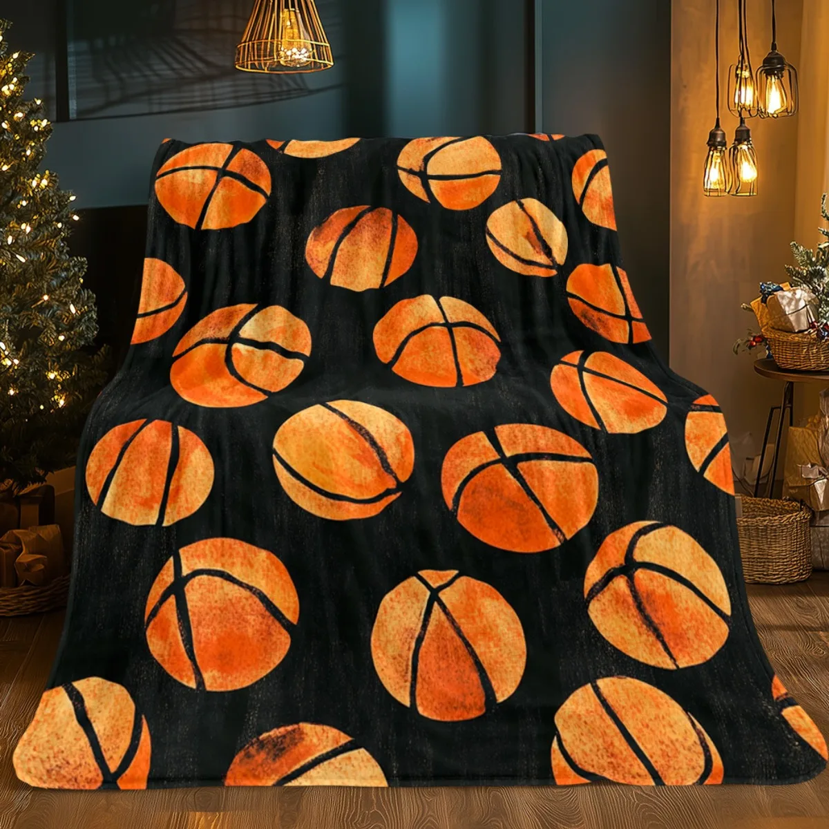 Cool Basketball Sports Fan Pattern Athletic Ball Art Vibrant Cozy Warm Comforting Blanket For Living Room Couch Sofa Gift
