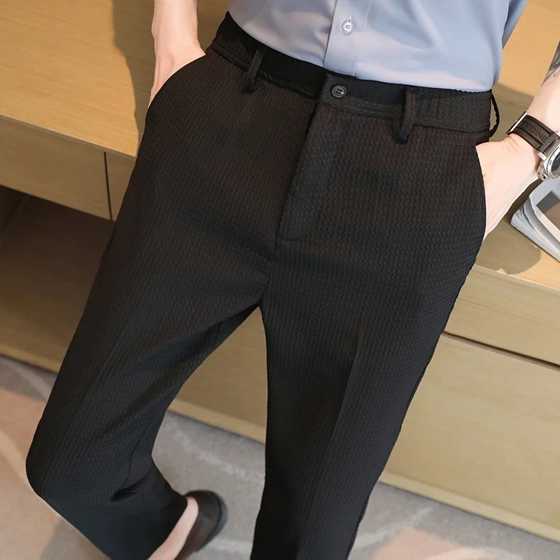 Pure Color Men Waffle Suit Pants Fashion Design Male Business Banquet Wedding Party Dress Trousers