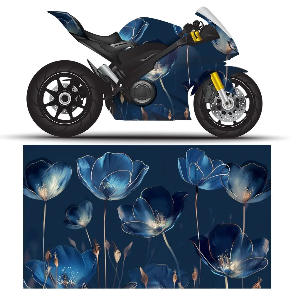 

Виниловая пленка для мотоцикла из ПВХ с синим цветком, самоклеящаяся водонепроницаемая наклейка, декоративная пленка против царапин для кузова велосипеда, DI