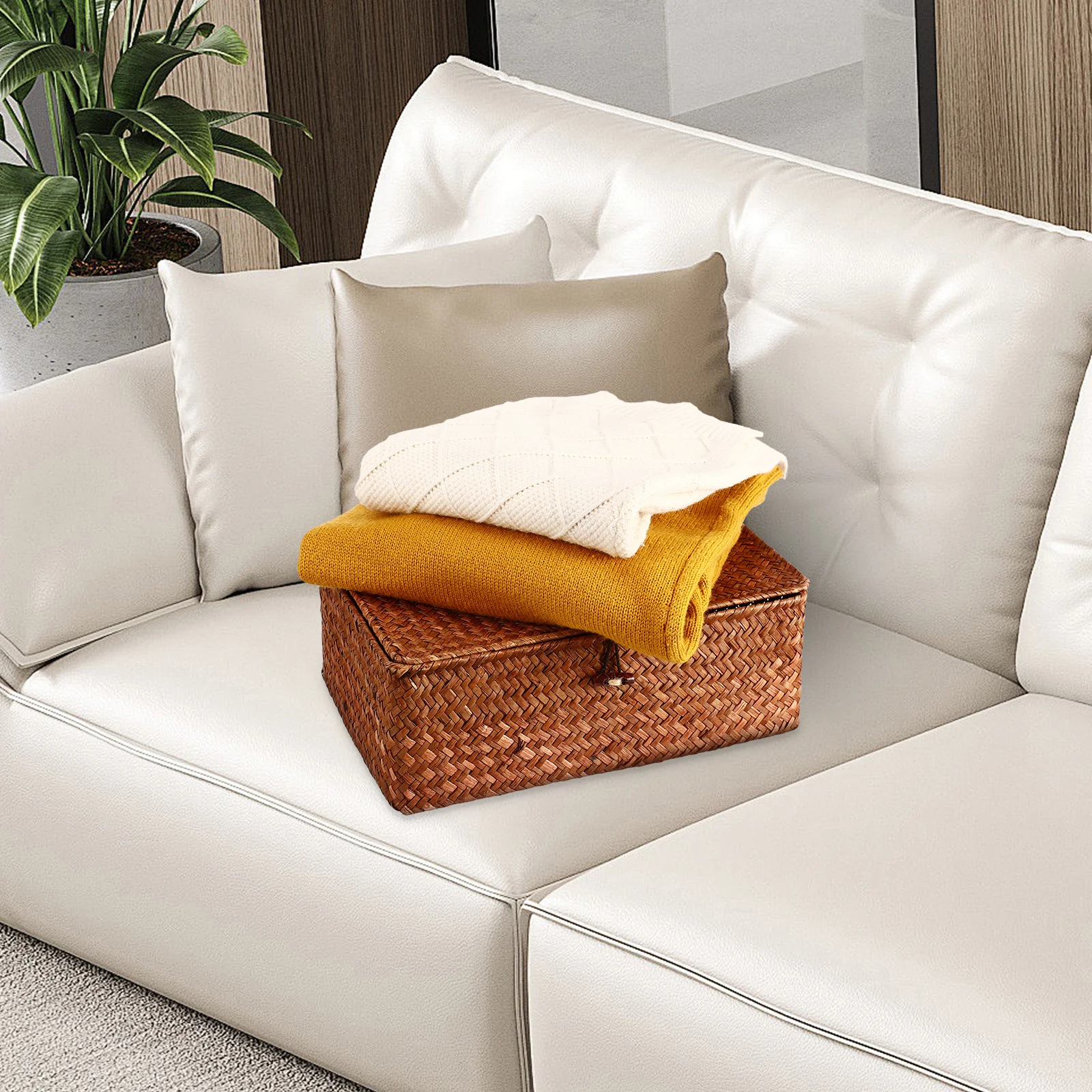 

3Pcs Seagrass Basket Lid Storage Box Cosmetics Organizer Household Sundries Desktop Woven Baskets Rattan Furniture