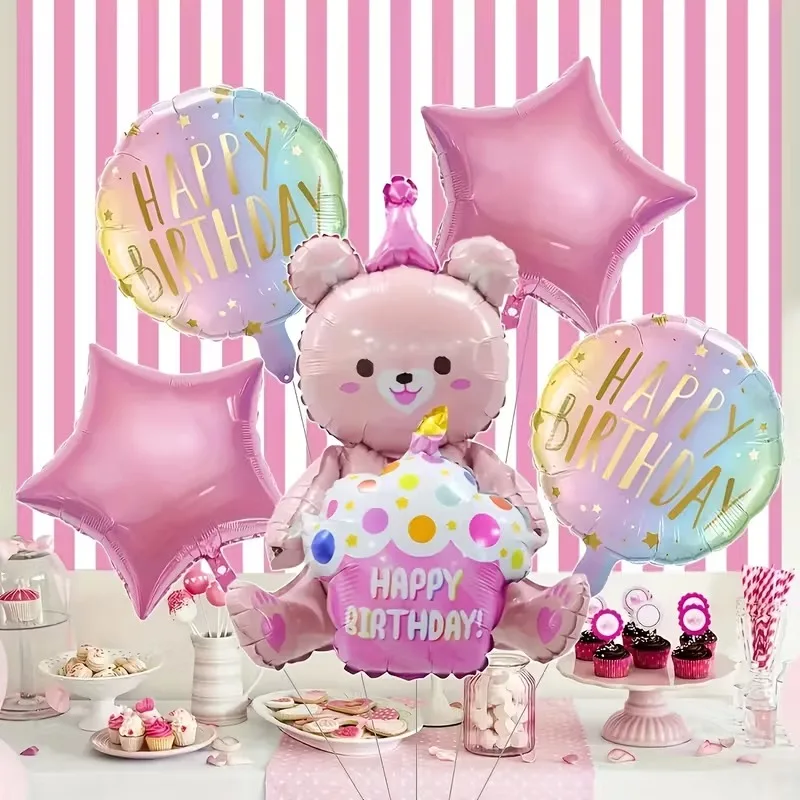 5-teiliges Set mit runden Folienballons in Form von Bären, ideal für Geburtstage, Jubiläen, Feste und als Dekoration für Hintergründe.