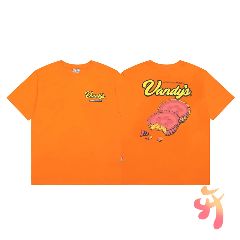 VANDYTHEPINK-قمصان قطنية للرجال والنساء ، قمم برتقالية ، فطيرة شوكولاتة ، حروف كرتونية ، أكمام قصيرة ، ملابس خروج فضفاضة كاجوال ، 24ss