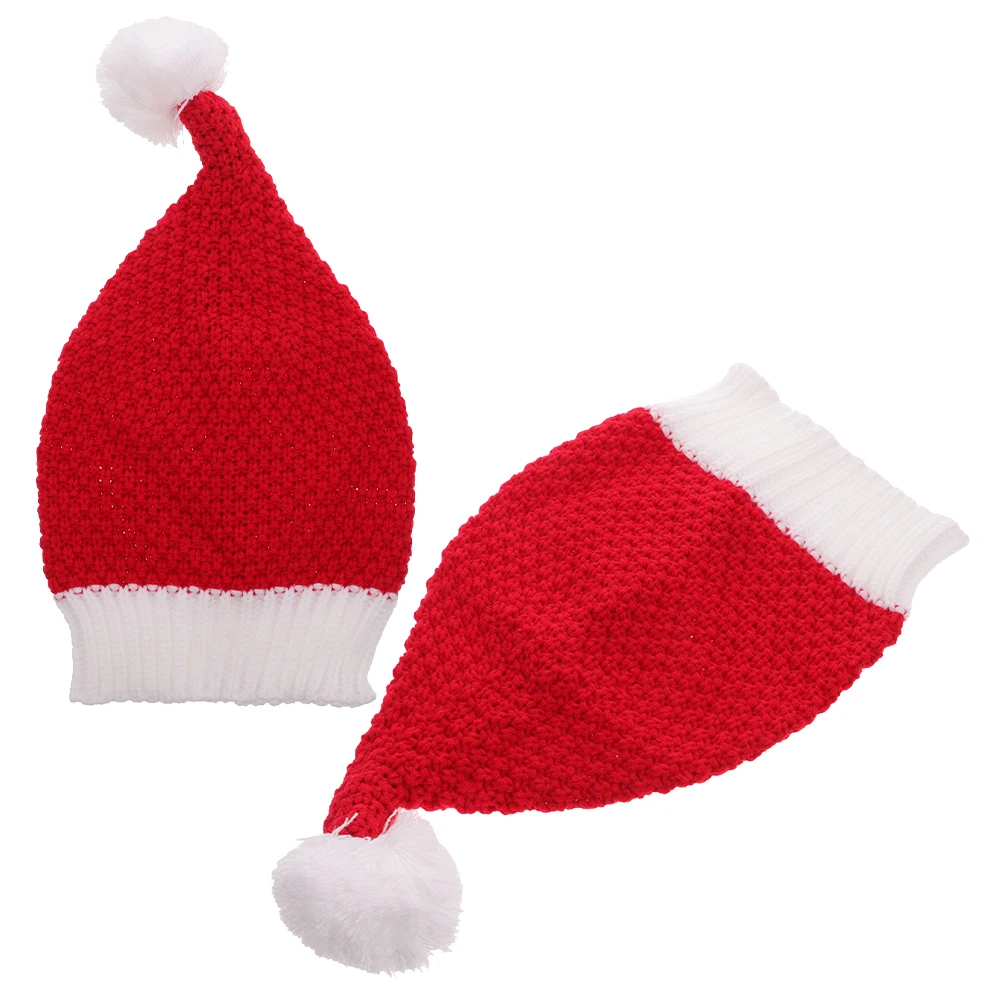 

2pcs Red Santa Knit Christmas Party Beanie Winter Cap Unisex Adult Men Women Warm Long Knitted Hat Ski Snow Holiday Costume Pom