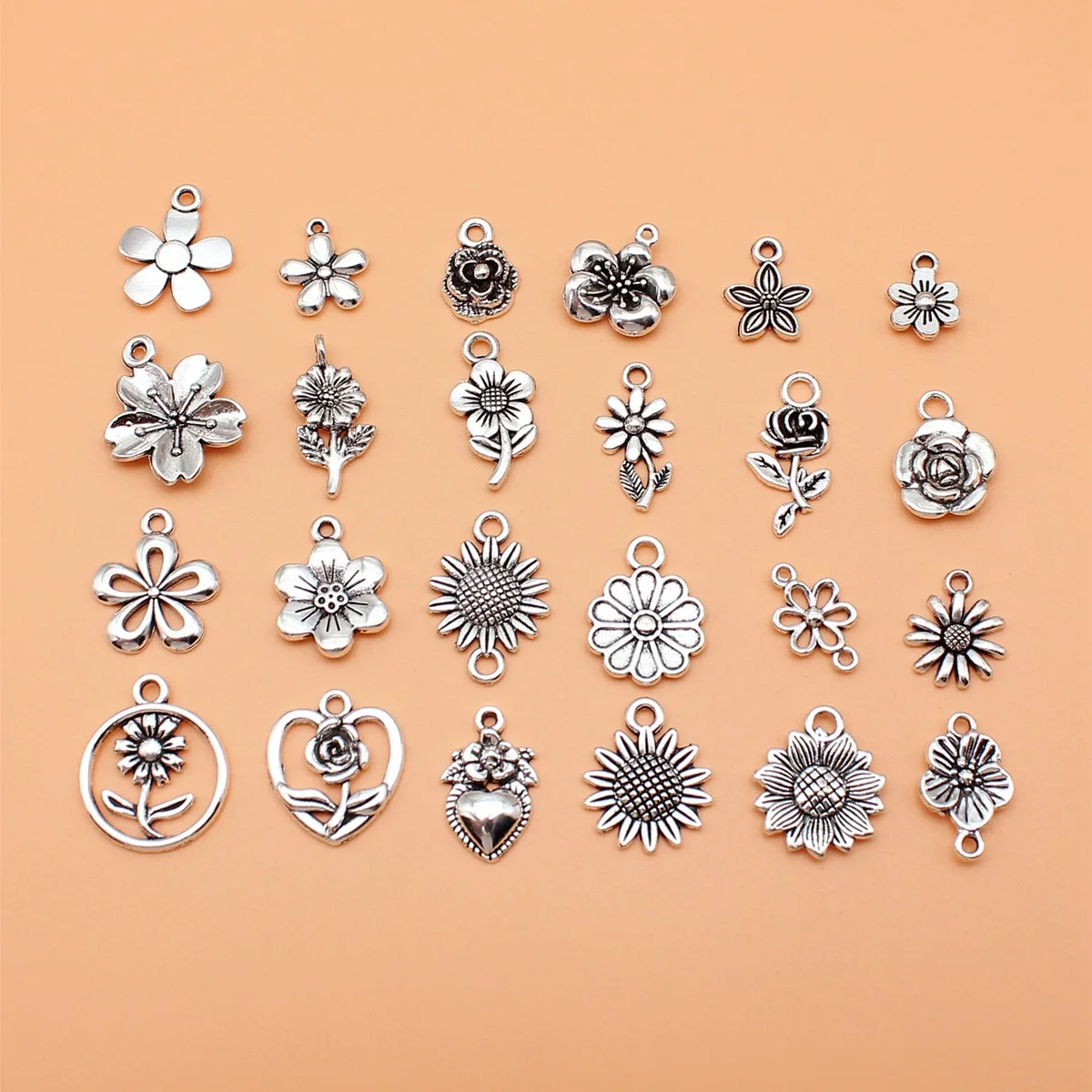 24pcs Antique Silver Color Flower Charms Collection For DIY Jewelry Making, 24 Styles, 1 of Each