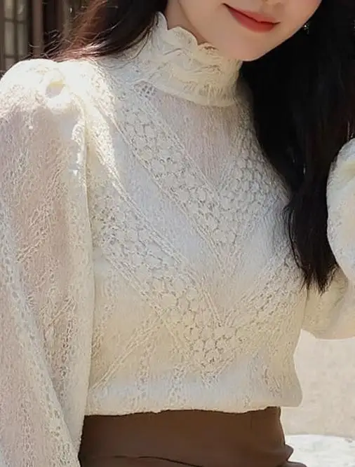 

Блузки женские романтические кружевные с высоким воротником на заказ французская элегантность осень женский минималистичный универсальный вневременной стиль