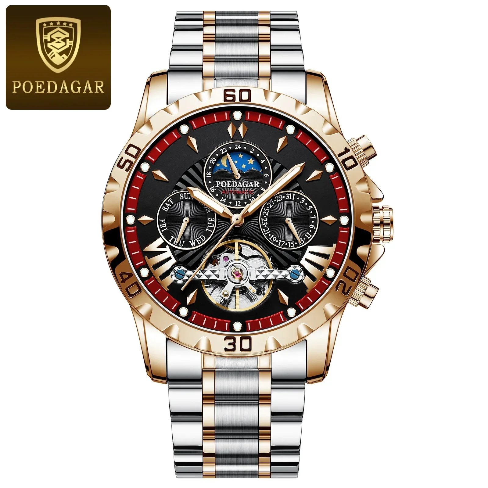 Swiss brand luminous waterproof calendar automatic mechanical watch Hollow flywheel men\'s watch with steel chain and gift box