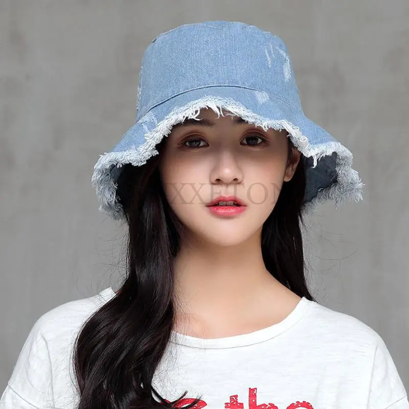 Women Summer Tassel Washed Denim Bucket Hats Fashion Ladies Wide Brim Foldable Panama Cap Outdoor Beach Fisherman Hat Unisex