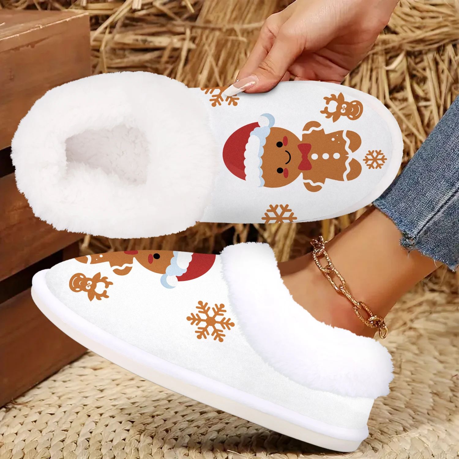 Christmas Gingerbread Man Slippers, Casual Style, Soft, Comfy Fuzzy Flannel House Shoes, Rubber Non-Slip Sole, Machine Washable - Image 3