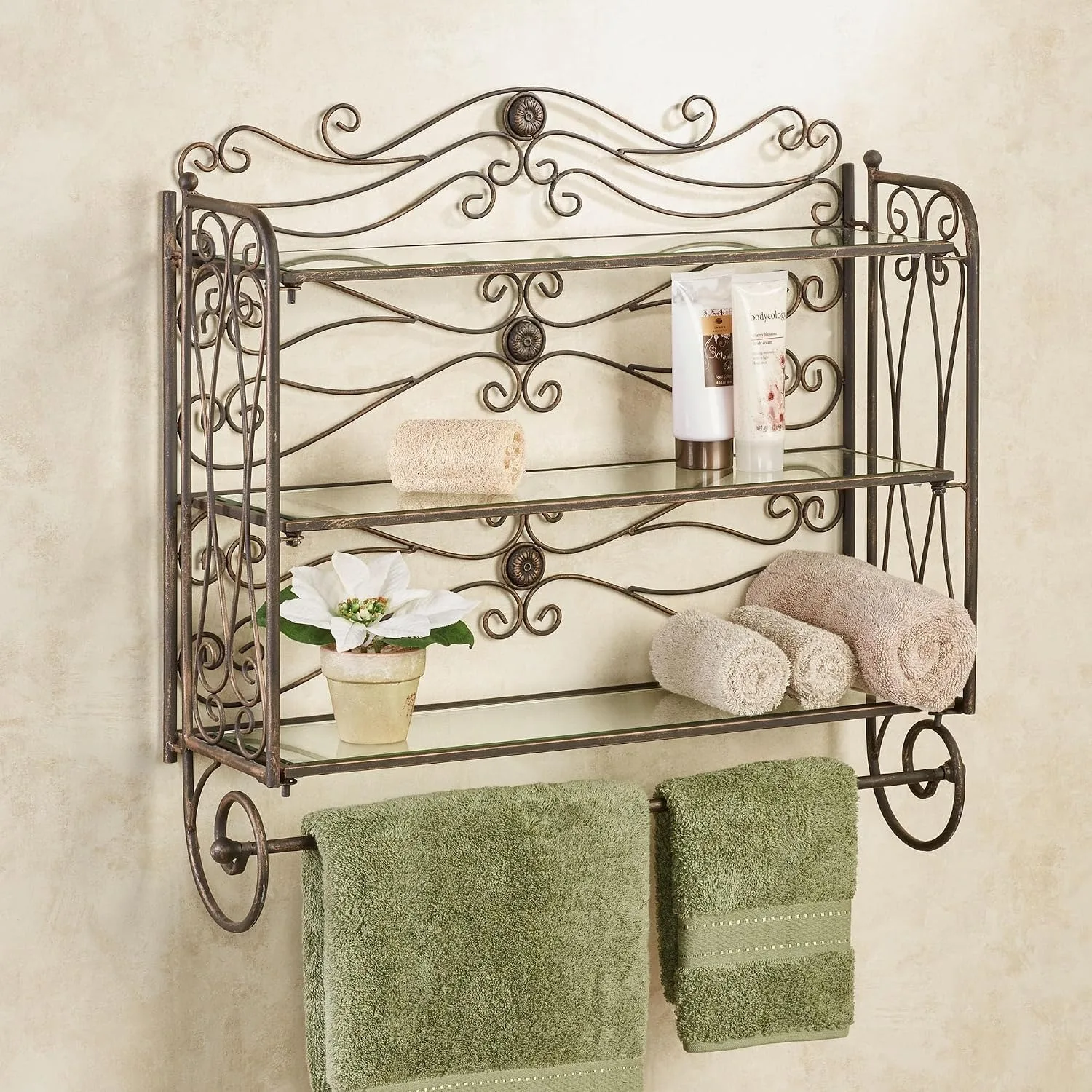 Touch of Class Kadalynn Wall Bathroom Shelf with Towel Bar - Antique Bronze - Handcrafted Metal - Decorative Storage - Mounted Rack Organizer - 3 Shelves - 24 Inches High
