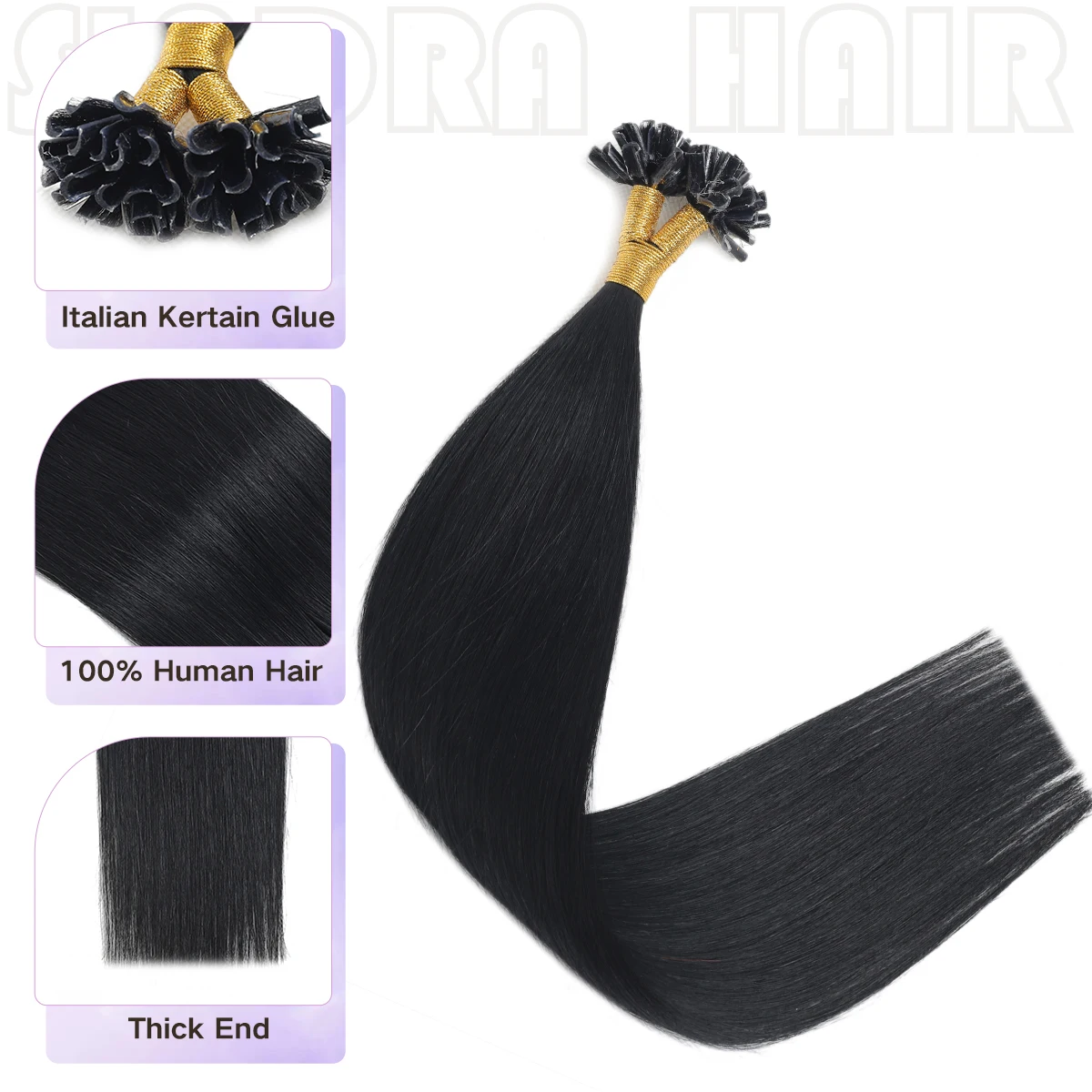 Sindra Nail Tip Hair Extensions Human Hair Pre Bonded Hair Extensions 14-20inch Jet Black Hair Extensions for Women