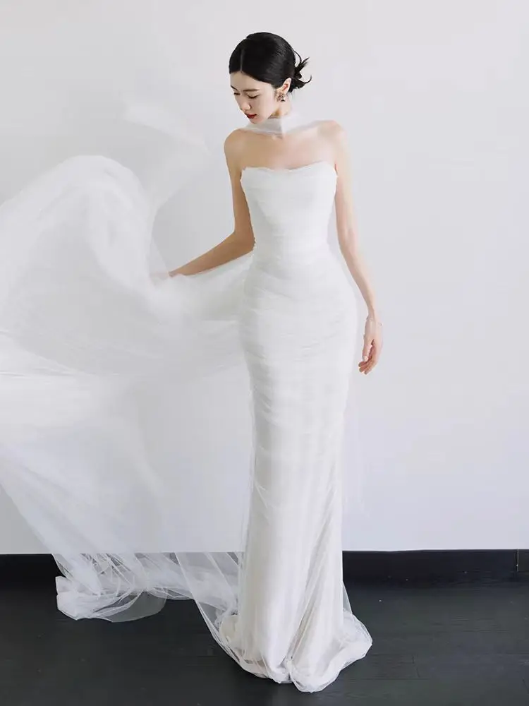 Ele White Satin Fi Tail Evening Dr Wedding Gown Simple Princ Sle Bridal Outfit Guest eeting Long Skirt