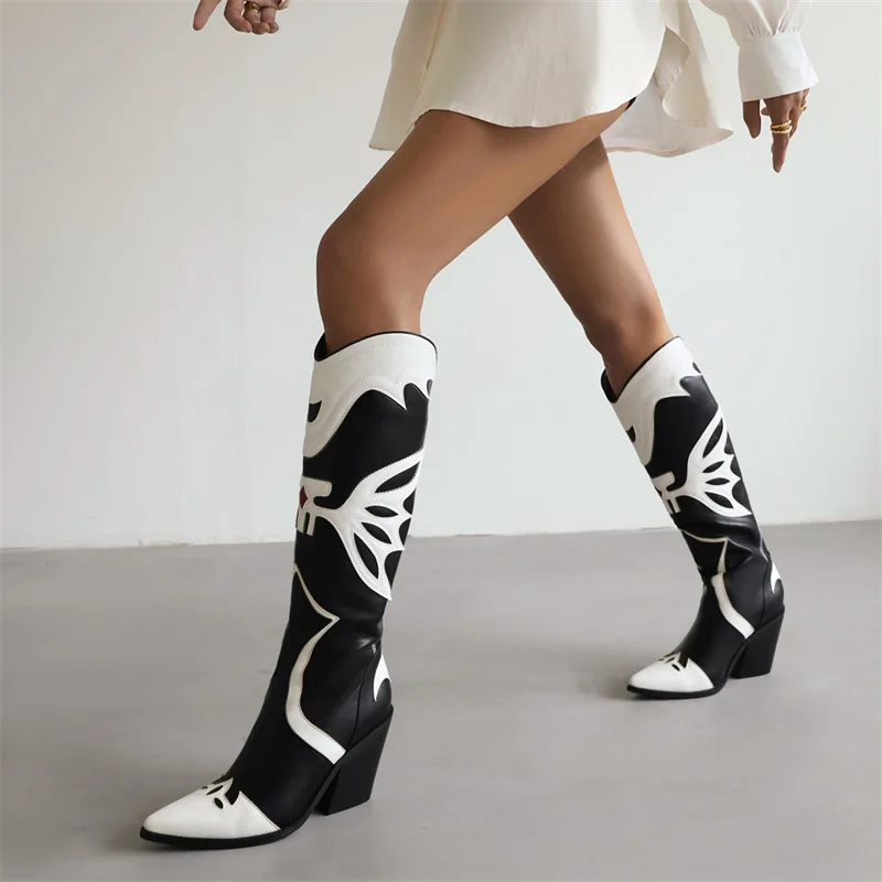 

Pointed Toe Botas Thick Heel High Zapatos Mujer Embroidery Print Shoes Modern Black White Large Size Show Knee Boots Female New