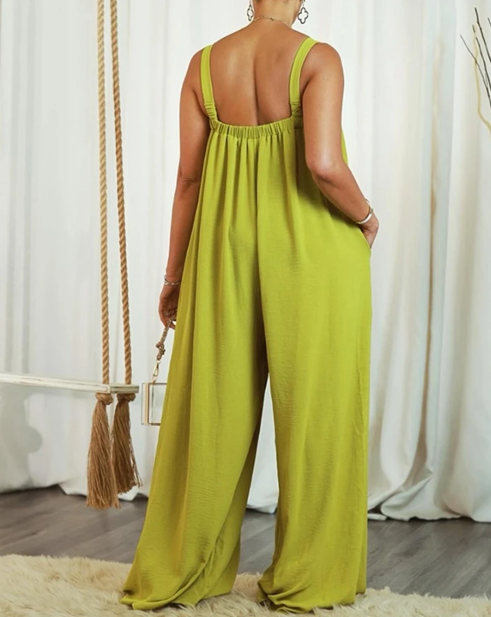 2024 Women's New Summer Pocket Design Square Collar Pleated Backless Jumpsuit