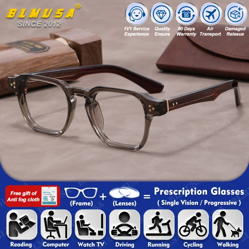 

BLMUSA (XL) Retro Square Myopia Prescription Glasses Men Oversize Frame Anti Blue Ray Photochromic Progressive Optical Eyeware