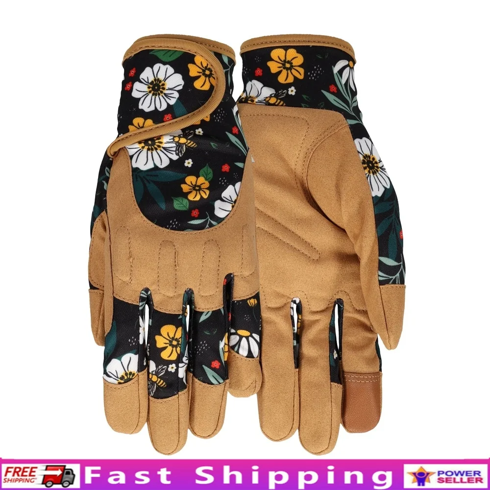 

Durable Floral Synthetic Leather Gardening Gloves Small Non-Slip Touchscreen Outdoor Work Gloves with Secure Wrist Closure