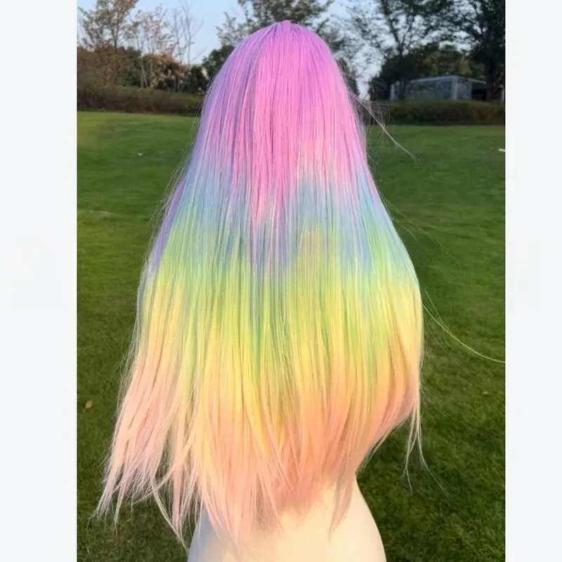 

zizi 2025 hot selling lace wig in Europe and America, women's rainbow gradient color long natural daily straig