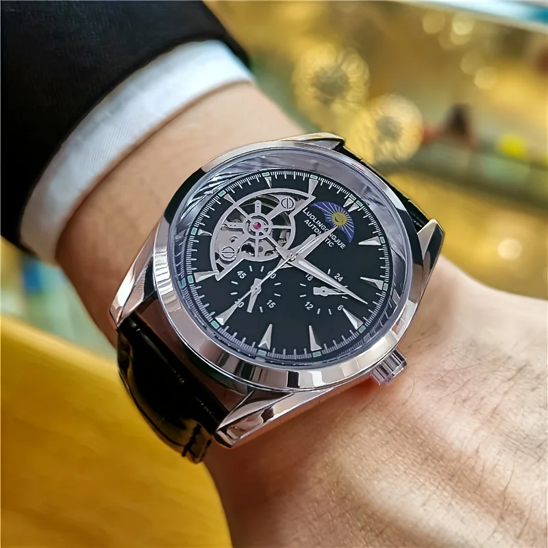 

Luxury Business Men's Mechanical Watch, Round Dial, Automatic Winding, Skeleton Design, Leather Strap, High-End Light Luxury Fashion Casual Simple Stylish Versatile Handsome Men's Watch, Suitable for Various Occasions, the Best Gift for Him