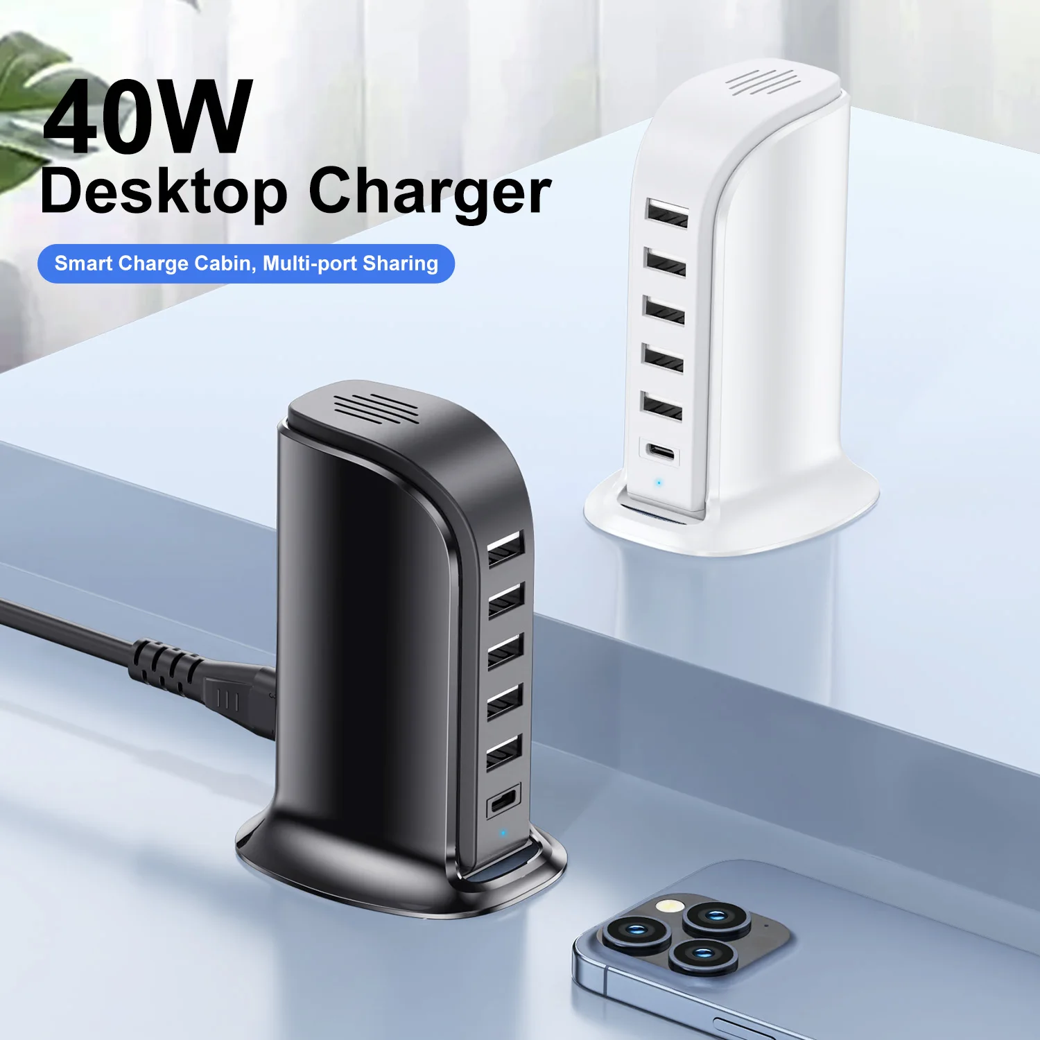 USLION PD 40W USB Charger 6 in 1 Desktop Fast Charge USB Type C Charger For iPhone Xiaomi POCO Realme Smartphone Laptop Charger