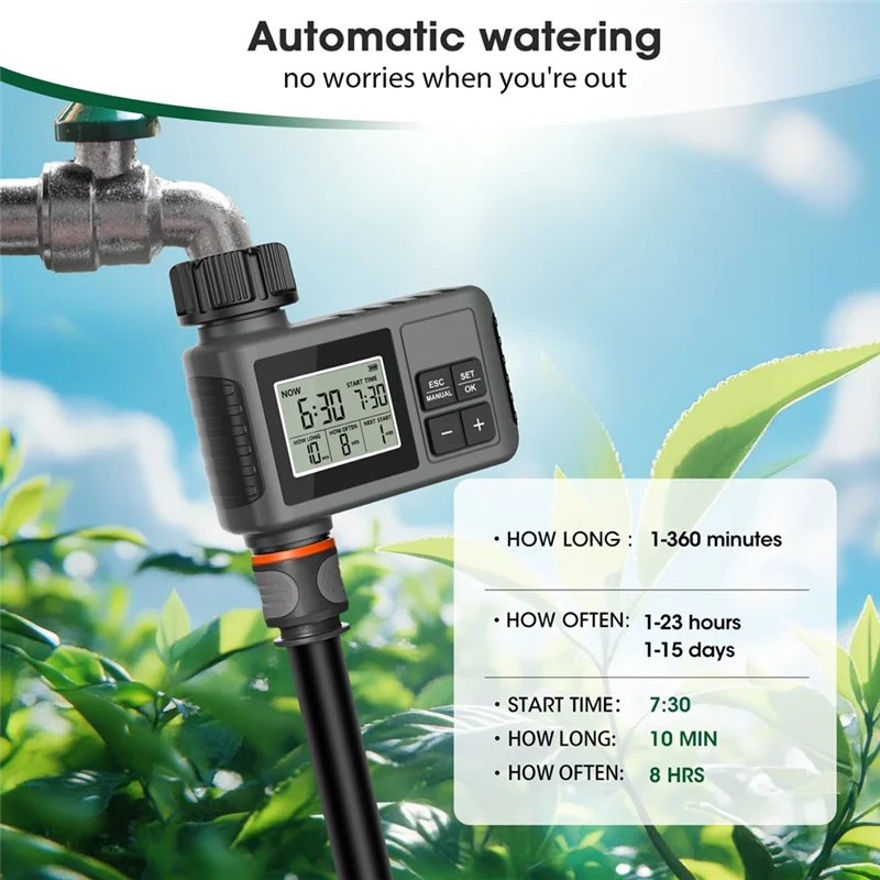 AT53 Smart Water Timer Intelligent 1-Outlet Irrigation Watering System Sprinkler Timer Garden Programmer LCD Display