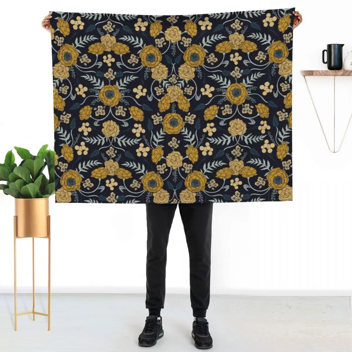 

Navy Blue, Turquoise, Cream & Mustard Yellow Dark Floral Pattern Throw Blanket Cozy Home Blanket Gift for Christmas Holiday