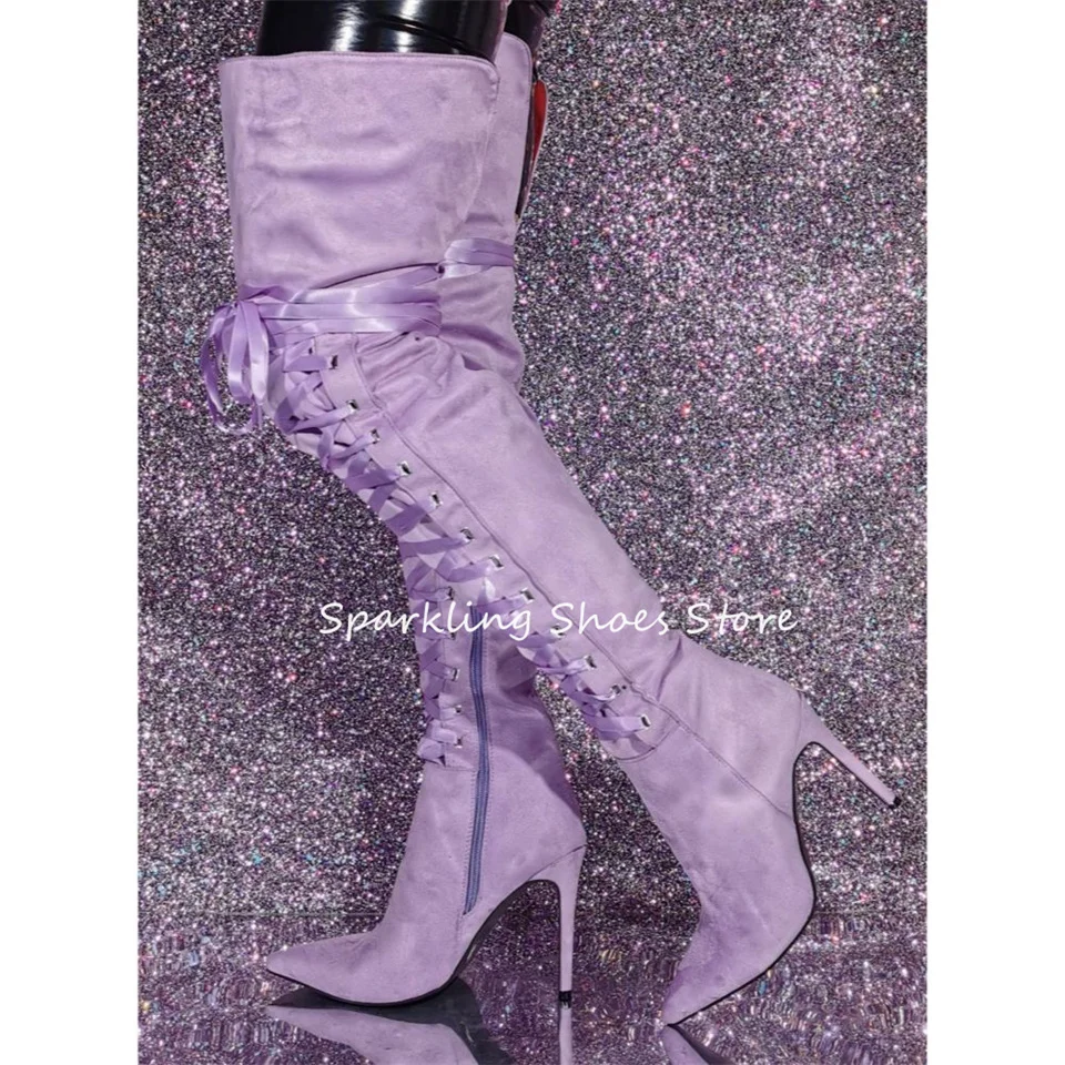 

Sexy Lace-Up Over-The-Knee Women Long Boots Pointed Toe High Heel Trouser Legs Boots Ladies Cross Tied Party Dress Shoes