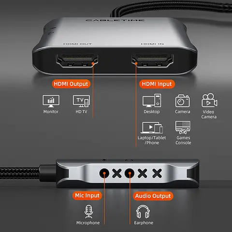 CABLETIME Video Capture USB 3.0 to HDMI Capture with Loop Out 4K@30Hz 1080P@60Hz for Streaming Media PS5 Switch Video Streaming
