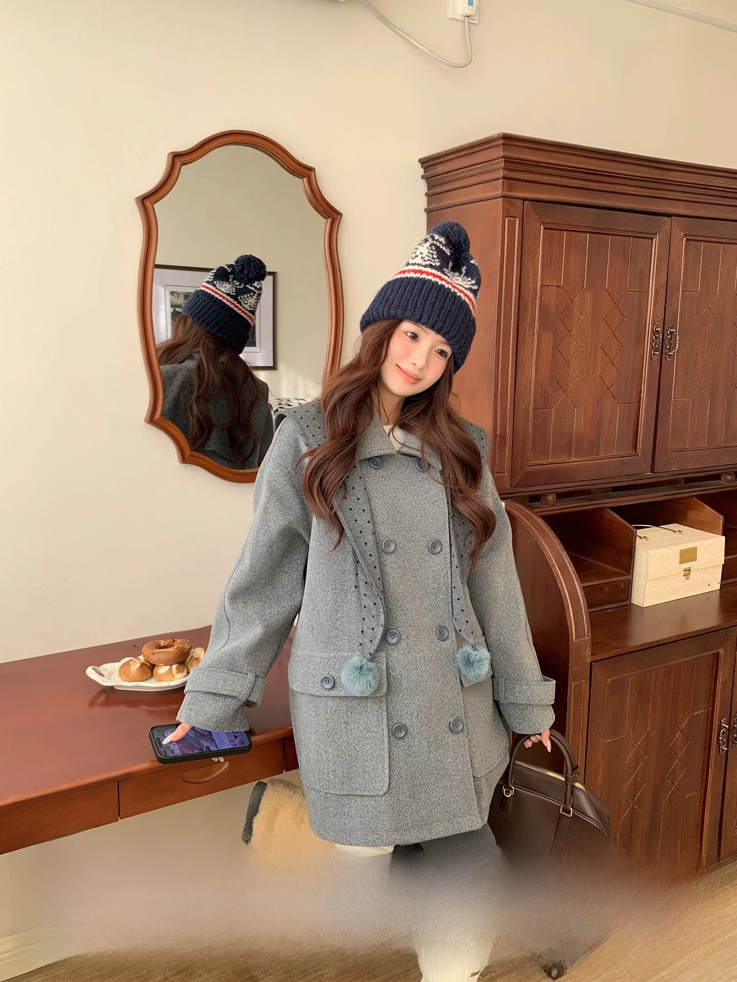 

Женское длинное шерстяное пальто в горошек с оранжевым принтом, утепленное, в корейском стиле, с подплечниками, для повседневной носки, зимняя верхняя одежда