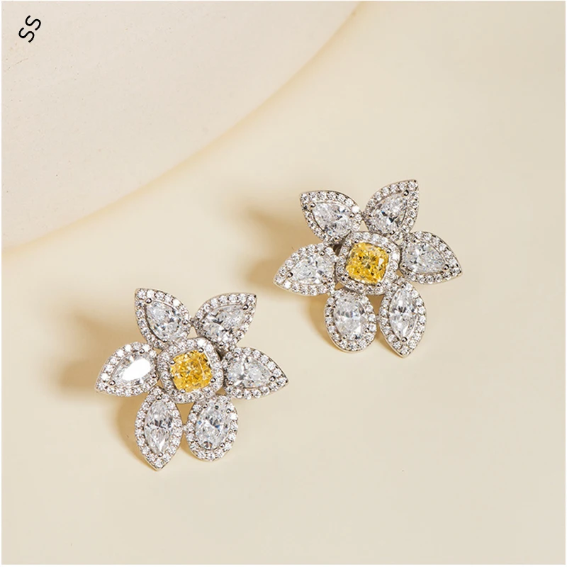 New Sunflower Pair Earrings Superior Sense Temperament Simple Ice Cut High Carbon Diamond Floral Stud 925 Sterling Silver