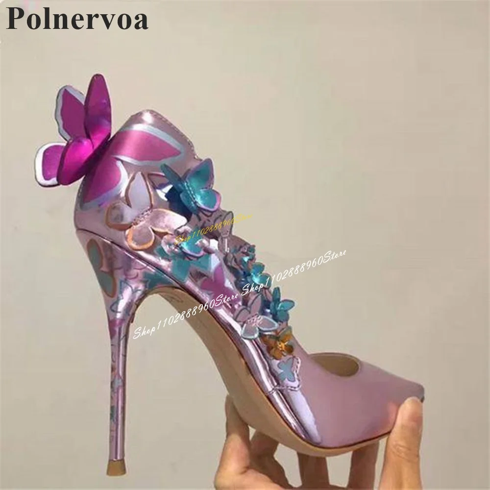 Luxury Colorful Glossy Butterfly Decor Pumps Thin High Heel Shoes For Women Slip On Pointed Toe 2024 Fashion Zapatos Para Mujere