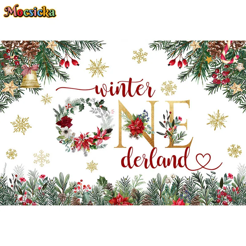 Winter Onederland Party Backdrops Decoration Props Baby Christmas Holly Flower Wreath Kids First Birthday Photography Background