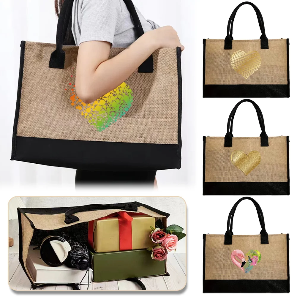 

Vintage Jute Shopper Bag Portable Eco Imitation Sacks Grocery Bag Love Series Large Capacity Shopping Bags Commuting Bags