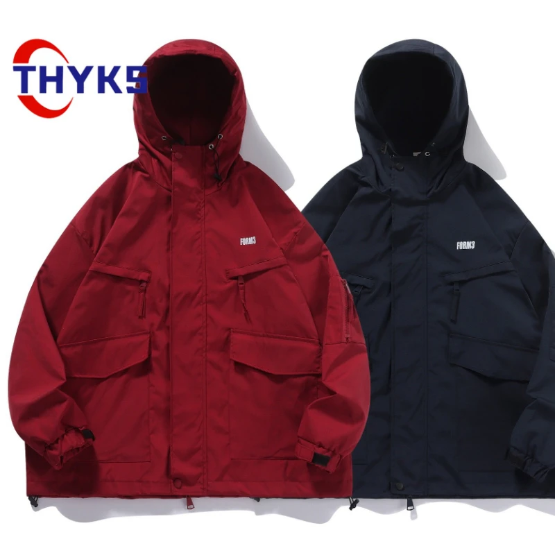 Spring Men's Hiking Jackets Couple Outdoor Red Hooded Mountain Climbing Suit Loose Fitting Waterproof Windproof Camping Jacket