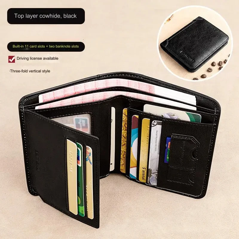 Herren-Geldbörsen, RFID-blockierend, echtes Leder, dreifach faltbar, kurze Business-Geldbörse für Herren, mit Ausweisfenster und Kreditkartenhalter