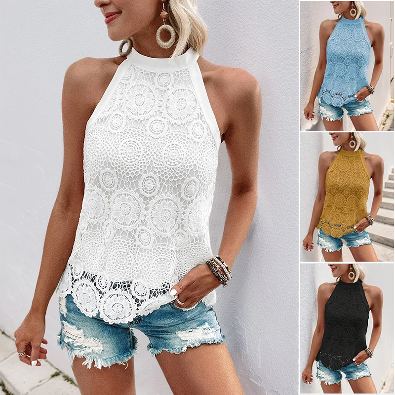 

Summer 2024 Sleeveless Neck Hanging Lace Top Women's Artistic Sweet Style Loose Fit Shirt Polyester Fabric No Sleeve Shirt