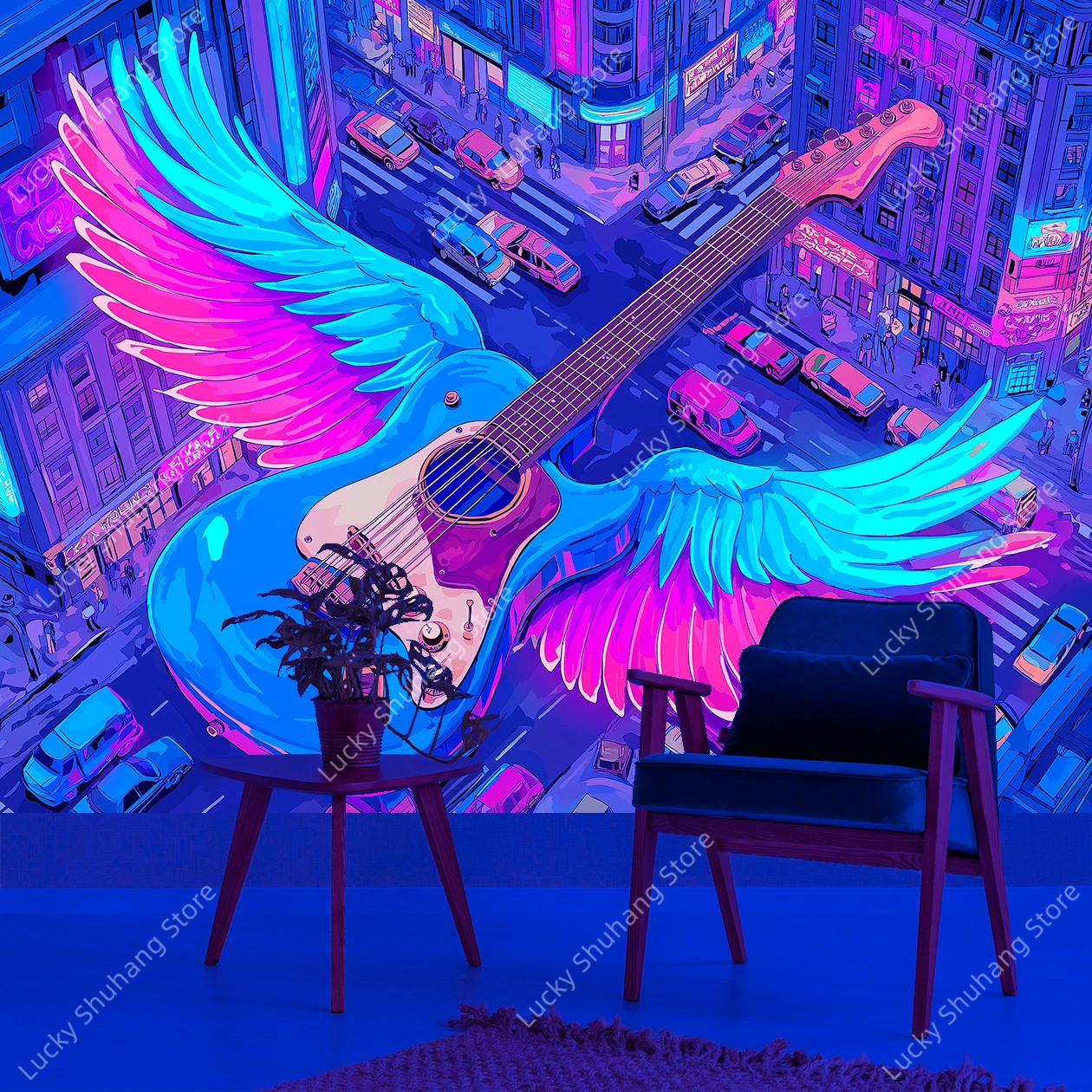Cyberpunk Winged Guitar UV Tapestry Neon Cityscape Wall Hanging for Music Lovers Bedroom Office Dormitory Decor Rock Theme Art